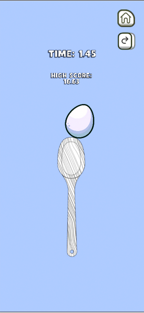 A white egg balanced on a wooden spoon in a mobile game challenge