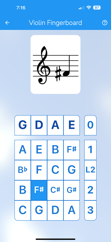String Note Tutor - Interfaz de String Note Tutor que muestra una pantalla de reconocimiento de notas en el diapasón del violín con una tarjeta de memoria de nota musical y una cuadrícula de botones de notas interactivos.