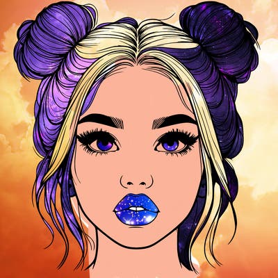 realistic girl with two buns on her hair and lips