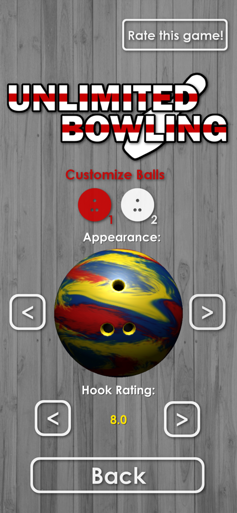 Unlimited Bowling - Ball customization screen in Unlimited Bowling showing a colorful swirl pattern ball and hook rating stats