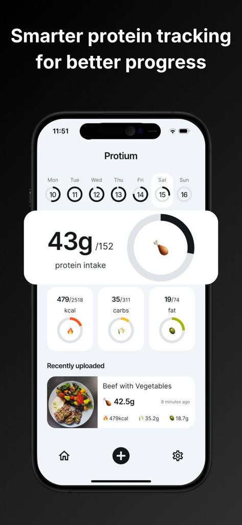 Protein Tracker: Protium - Protium app dashboard displaying daily protein intake goal and macro tracking metrics.