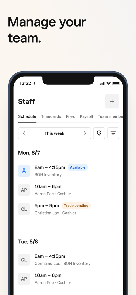 Square - Dashboard for POS - Staff scheduling and team management screen on the Square Dashboard mobile app