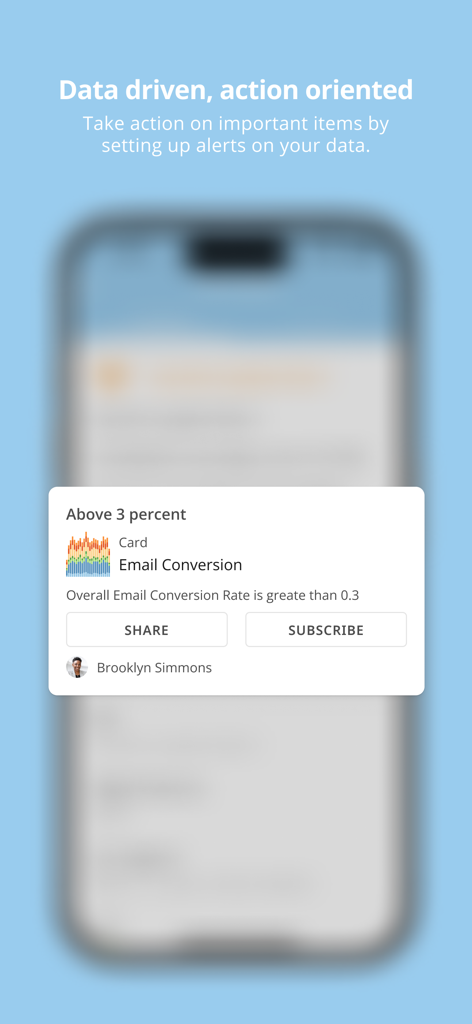 Domo, Inc. - Domo mobile app interface displaying a real-time notification alert for email conversion rate KPIs