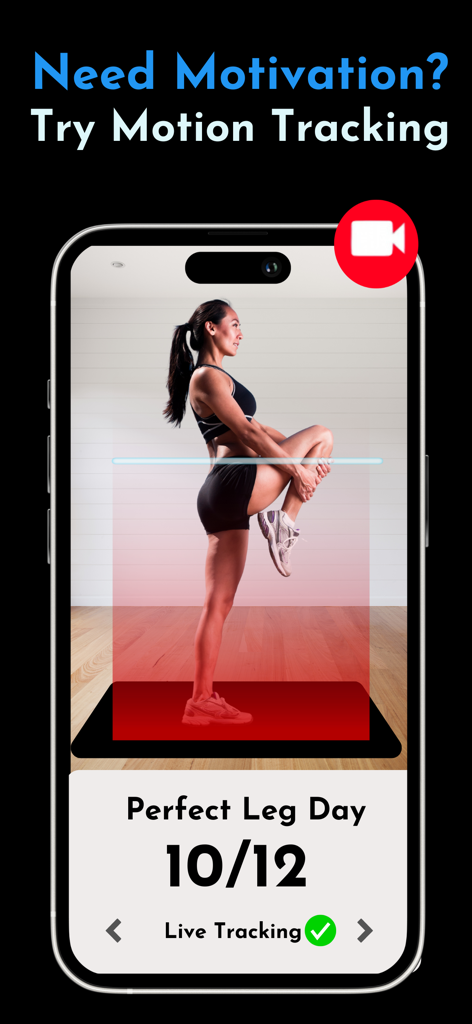 AI Fitness Coach: Basic Fit - Uma mulher realizando um treino de perna em uma tela de smartphone usando rastreamento de movimento ao vivo com IA e um contador de repetições.