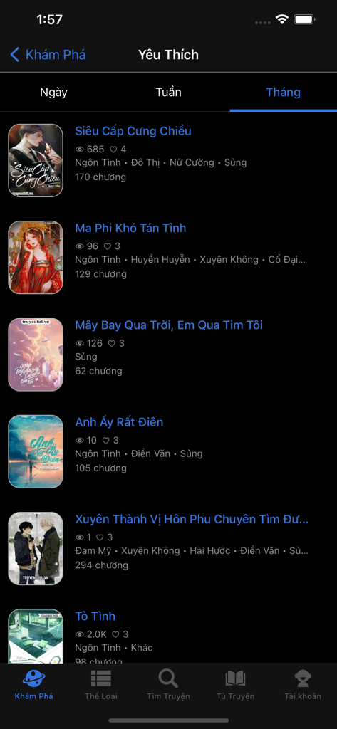 Truyện Full Đọc Truyện Offline - Discovery screen of the Truyện Full app displaying a list of popular Vietnamese stories and novels