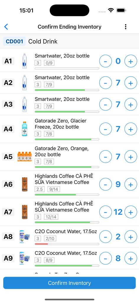 VendSoft: Vending Management - Inventory confirmation screen in the VendSoft app showing stock levels for various vending machine beverages with plus and minus adjustment buttons