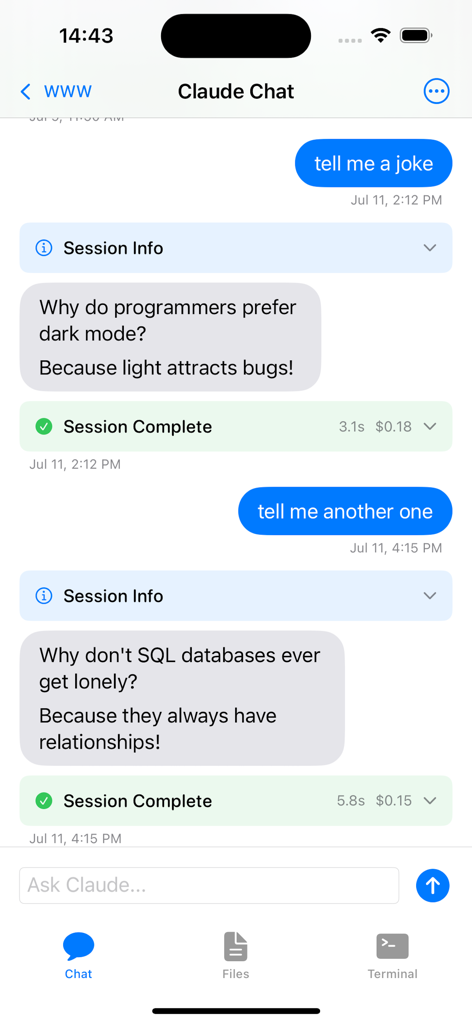CodeAgents Mobile - Chat interface of CodeAgents Mobile app displaying AI generated programmer jokes