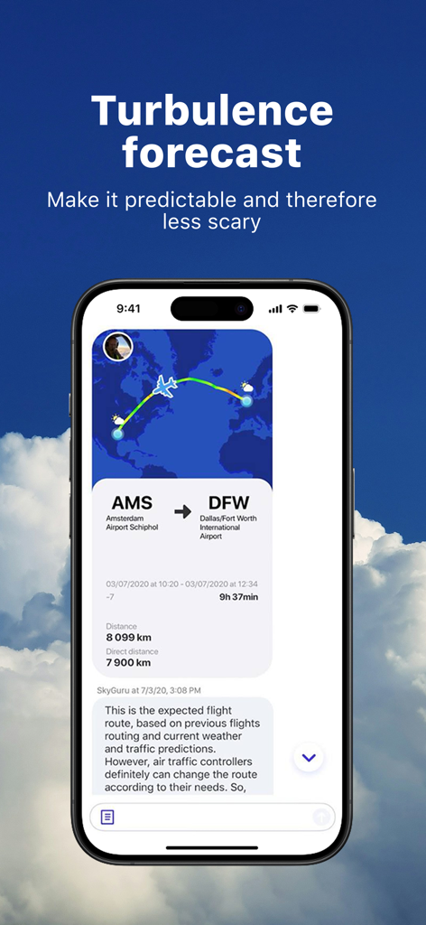 Sky Guru Fear of flying help - Pantalla de pronóstico de turbulencia de la aplicación SkyGuru mostrando una ruta de vuelo de Ámsterdam a Dallas con zonas de turbulencia previstas.