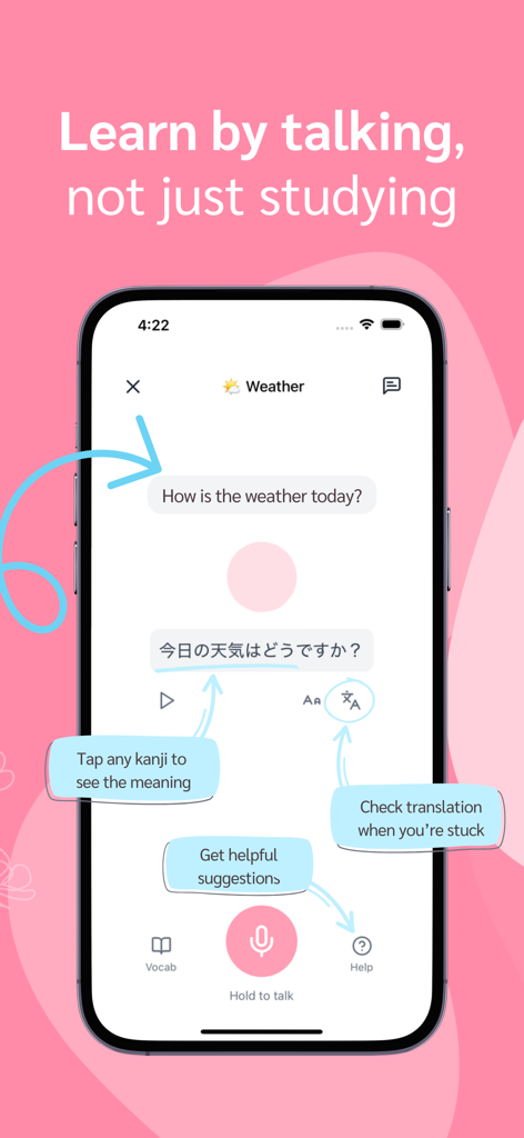 Hanashi - Speak Japanese - Hanashi app screen showing interactive Japanese speaking practice with AI translation and kanji support