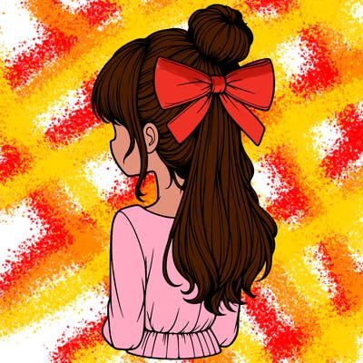 realistic girl  with hip length hair a bun and a big bow on the back of head