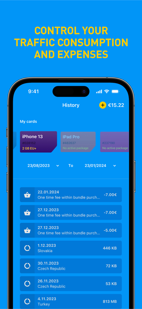MTX Connect eSIM app screen showing data usage history and international travel expense tracking for different devices.