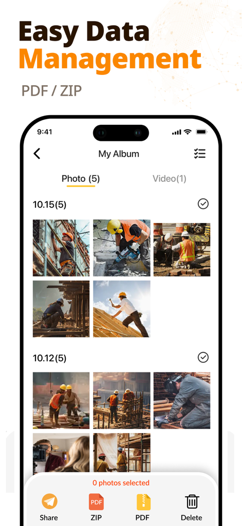 Timestamp Camera app interface showing professional photo album with PDF and ZIP export features