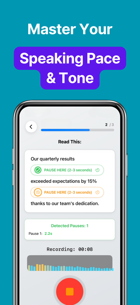 Die Accent AI App-Oberfläche zeigt eine Leseübung zum Meistern von Sprechgeschwindigkeit und Ton mit Echtzeit-Pausenerkennung.