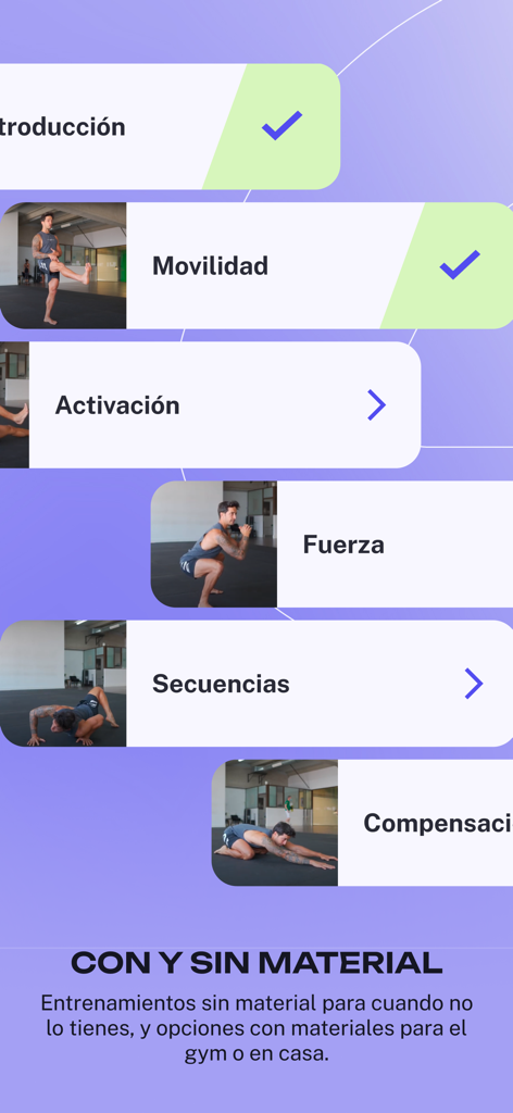 Silverback Training app interface showing workout modules including mobility and strength with equipment options