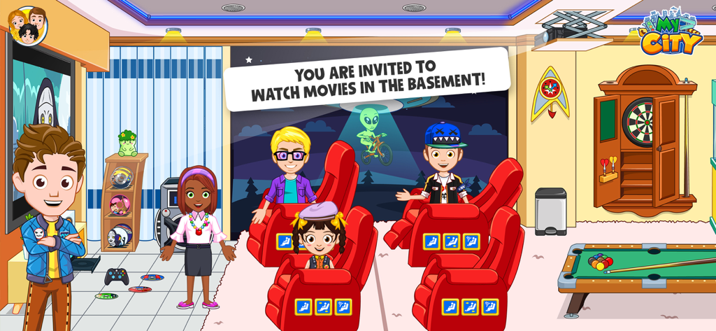 Personajes viendo una película en una sala de sótano con mesa de billar