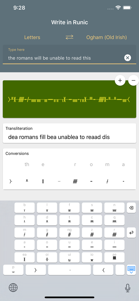 Screenshot of Write in Runic app transliterating English text into Ogham script with a phonetic translation and a custom Ogham keyboard.