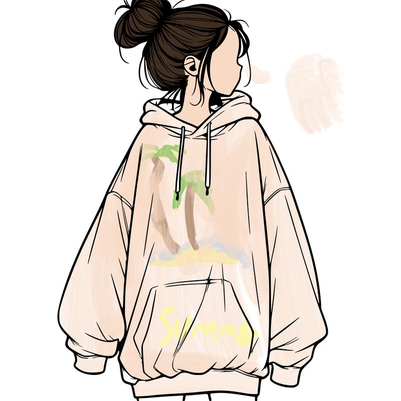 realistic girl with a oversized sweatshirt on and a bun