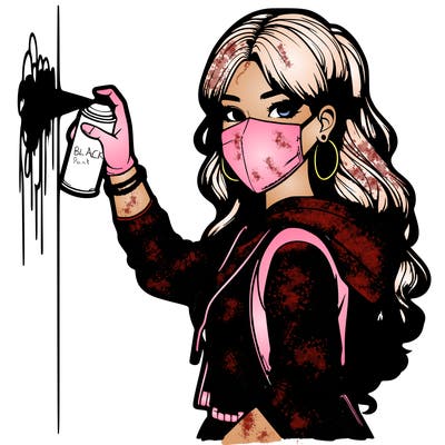 realistic girl with mask spray painting a wall