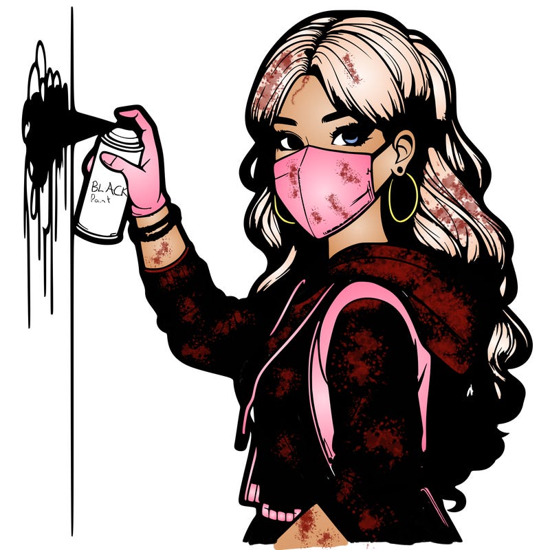 realistic girl with mask spray painting a wall