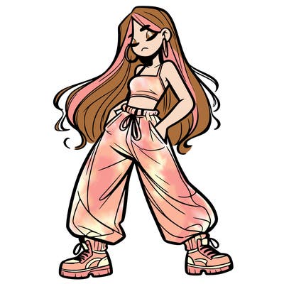 girl in baggy pants crop top and long hair