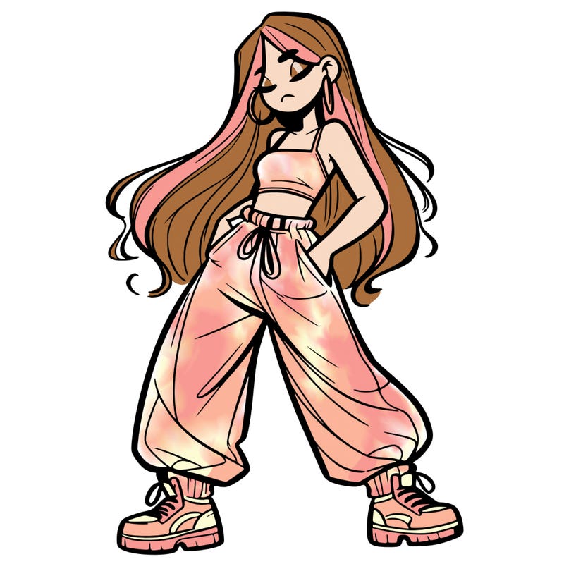 girl in baggy pants crop top and long hair