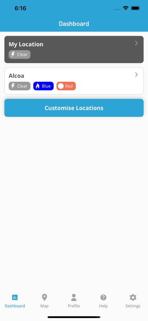 Weatherguard - Dashboard of the Weatherguard app showing weather alert status indicators for saved industrial locations.