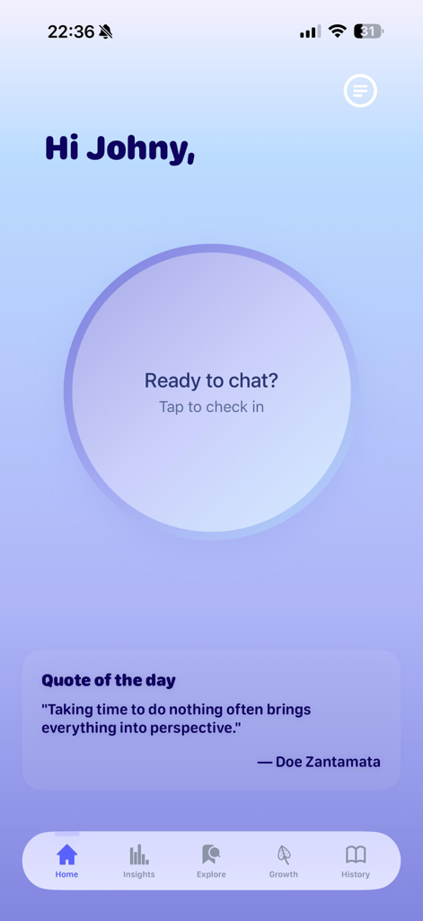Willow-AI - Willow AI app home dashboard showing the ready to chat button and daily quote
