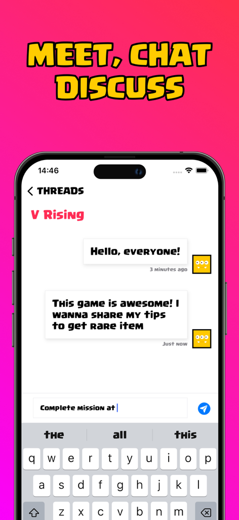 Mini Games - Game Pack - Mobile app screen showing a chat interface where users discuss game tips and meet friends.