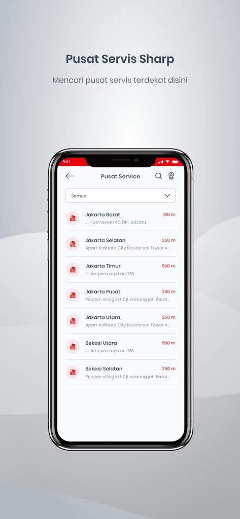 SHARP ID - Screenshot of the SHARP ID app showing a list of nearby Sharp service centers with distances and addresses.