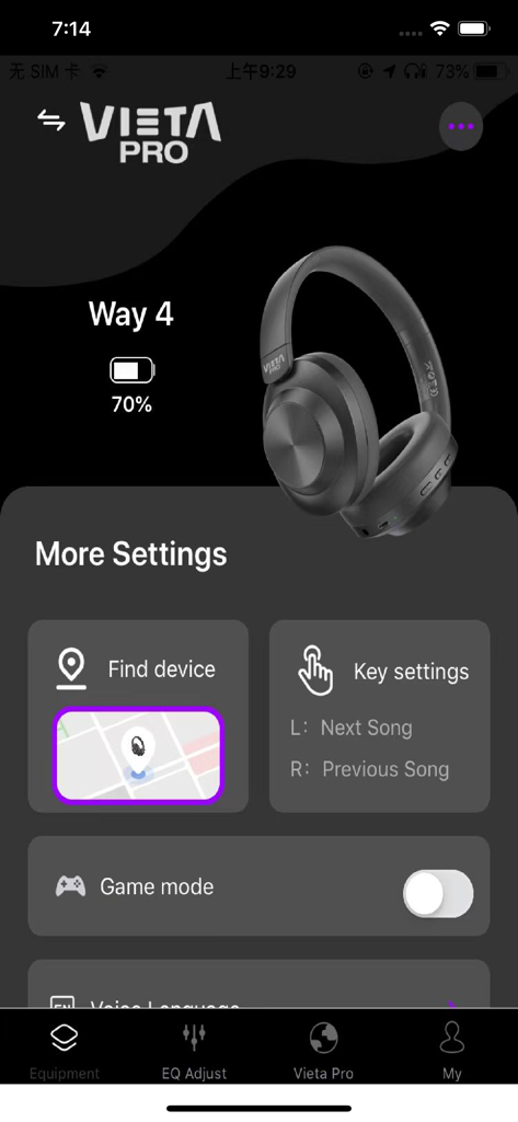 Vieta Pro Audio - Panel de la aplicación Vieta Pro Audio que muestra el estado de la batería, el mapa de búsqueda de dispositivos y la configuración clave para los auriculares Way 4