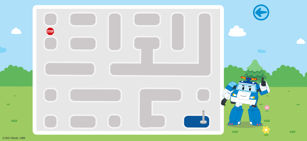 Robocar Poli New Adventures - Poli from Robocar Poli next to a maze navigation mini-game in a green field.