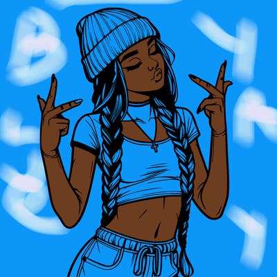 realistic teenage girl with braids and a beanie and crop top doing 🫶🏼