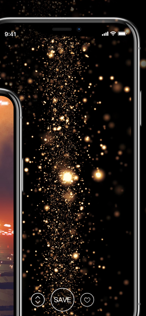 Live Wallpapers for Me - iPhone screen displaying a sparkling gold live wallpaper with a save button and favorite icon