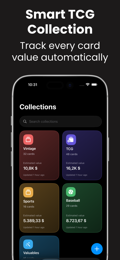 TCG Scan: Trading Card Scanner - TCG Scan app dashboard showing estimated market values for different trading card collections including vintage and sports cards
