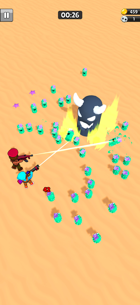 Survive Squad - Survive Squad gameplay showing two survivors fighting a giant horned boss and alien hordes in a desert arena