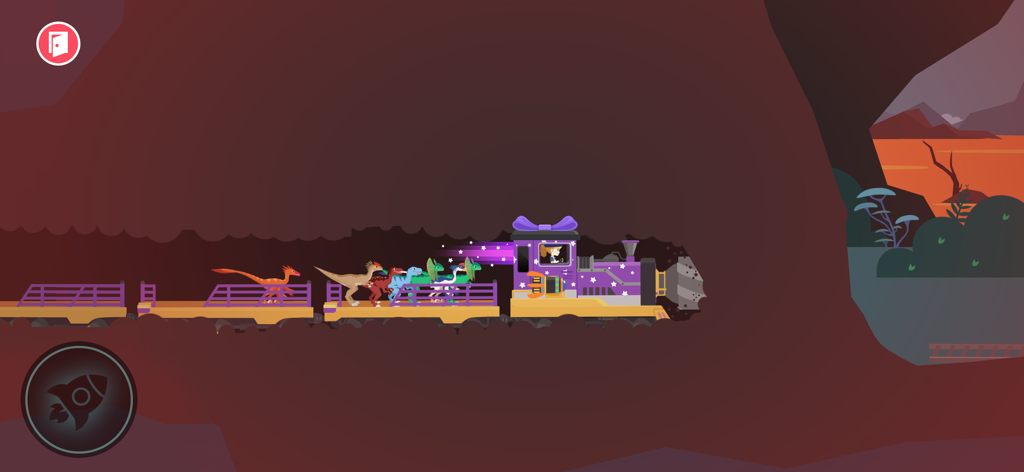 A purple rescue train carrying several colorful dinosaurs through an underground cave tunnel