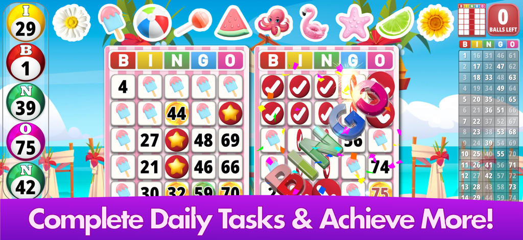 Pantalla de juego de Bingo Clásico con cartones temáticos de playa y notificación de tareas diarias.