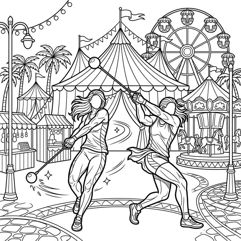 Experience the thrilling fusion of athletic prowess and festive fun with this unique coloring page. Dynamic hammer throwers swing into action against a vibrant carnival backdrop, promising hours of creative joy.