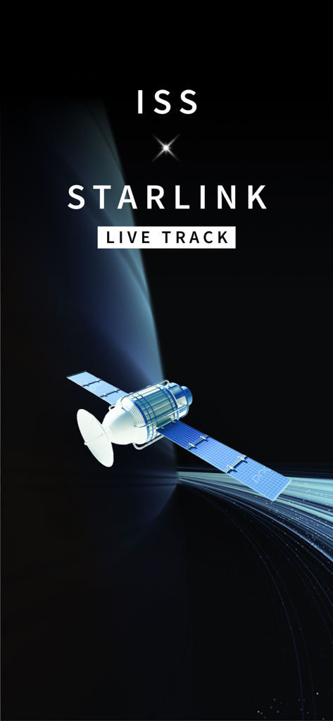 Staslink: Satellites Tracker - Un modello 3D di satellite in orbita con testo che indica il tracciamento live di ISS e Starlink