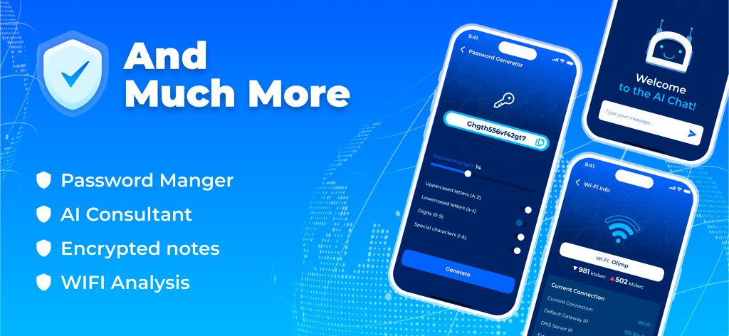 iSecurity mobile app displaying password generator AI chat and wifi analysis features