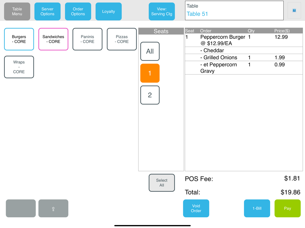 Givex POS - Givex POS interface on iPad showing restaurant menu categories and a burger order for Table 51.