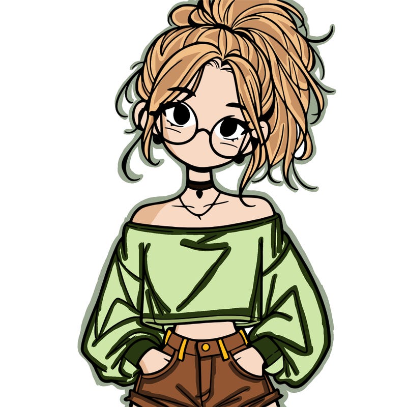 girl with a messy ponytail glasses a baggy crop top and jean shorts