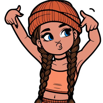 realistic teenage girl with braids and a beanie and crop top doing 🫶🏼