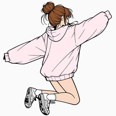 realistic girl jumping with a bun and oversized sweatshirt