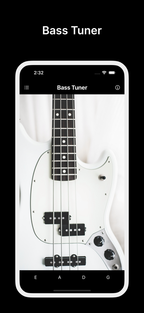 Bass Tuner - Bass Tuner app interface showing a bass guitar and buttons for tuning notes E A D G