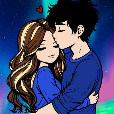 a realistic couple boy and girl hugging and kissing