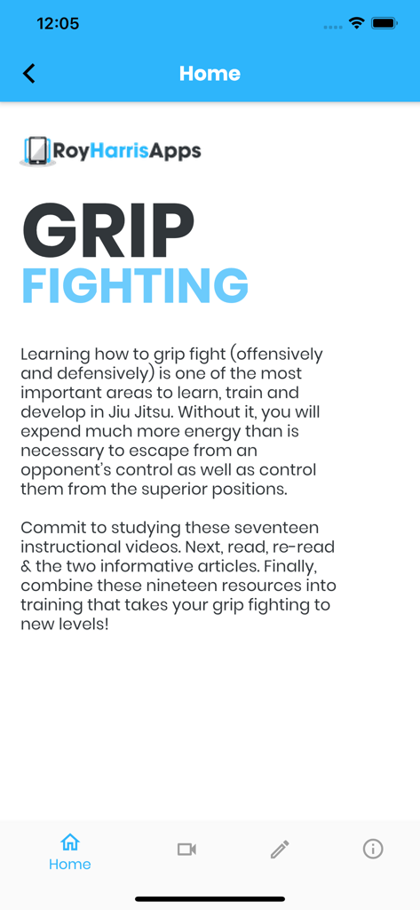 Roy Harris Grip Fighting - Roy Harris Grip Fighting app home screen featuring introduction text for BJJ techniques