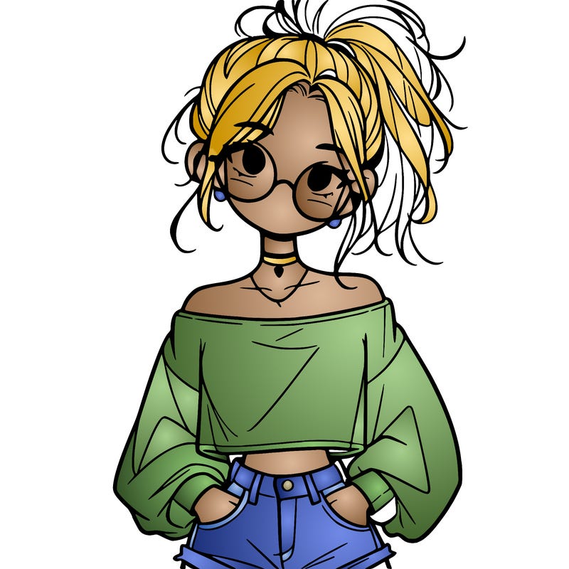 girl with a messy ponytail glasses a baggy crop top and jean shorts