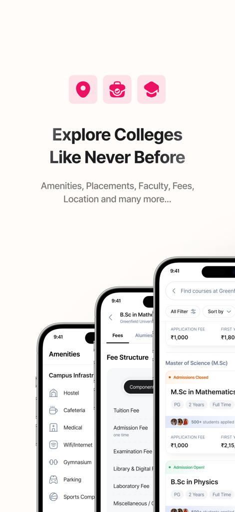 Appli - College Applications - 大学のアメニティ、学費、コースリストを示すAppliアプリのモバイル画面。
