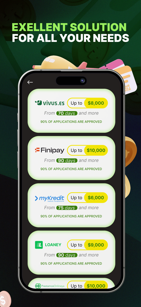 PréstamosClick - Una interfaz de aplicación móvil que muestra una lista de ofertas de préstamos con diferentes límites de crédito y tasas de aprobación.